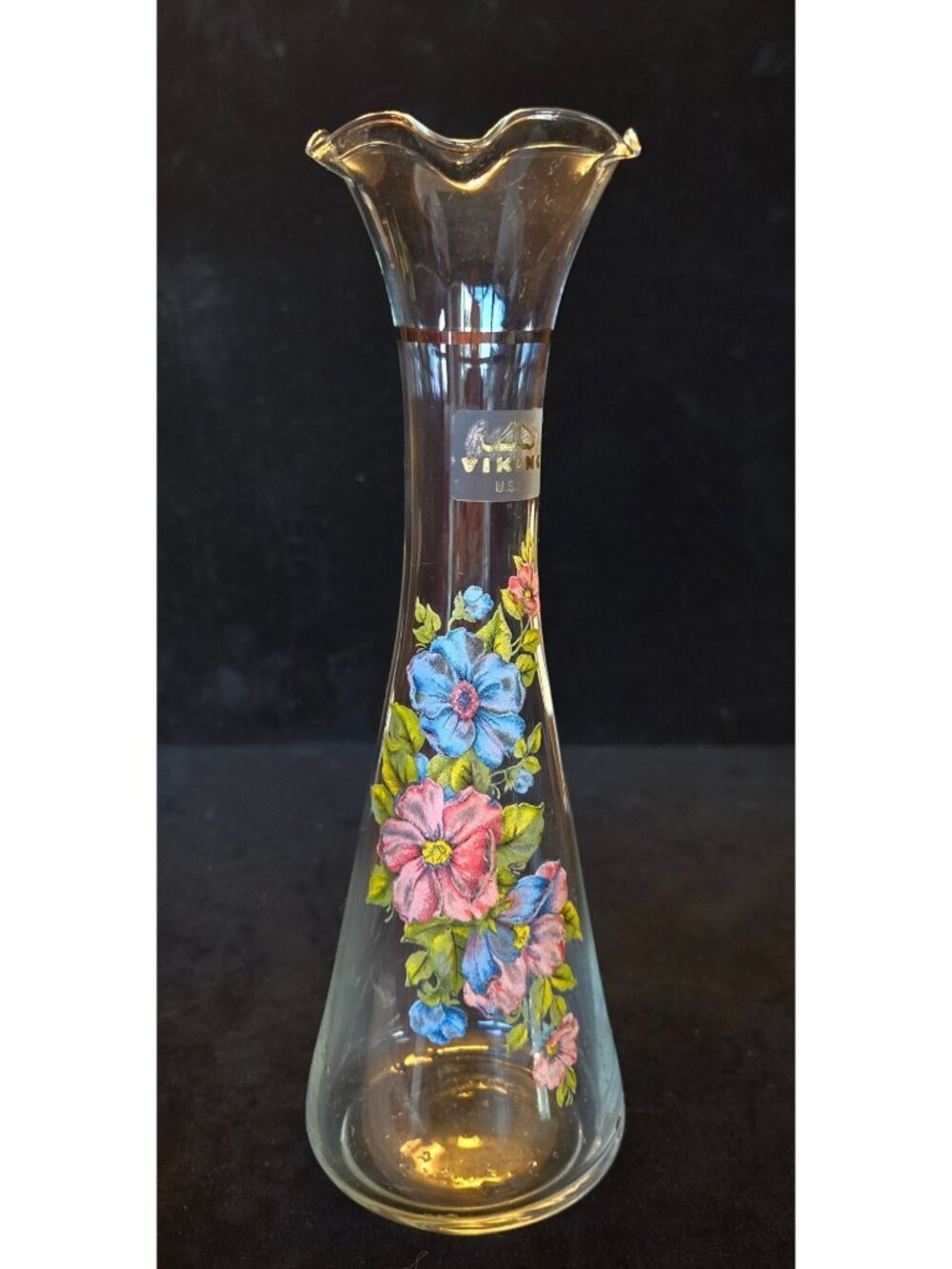 Vintage Viking Glass Fluted Bud Vase w/ Ruffle Rim, Floral Design